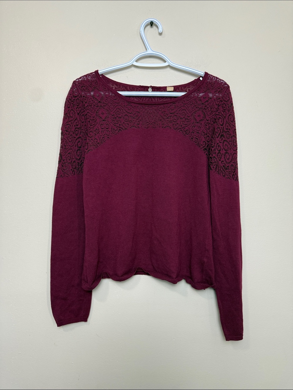 Anthropologie Knitted and Knotted Burgundy Lace Yoke Long-Sleeve Pullover size M
